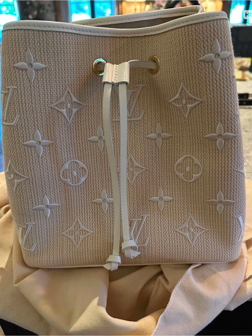 Louis Vuitton Cream Embossed Monogram Drawstring Shoulder Bag